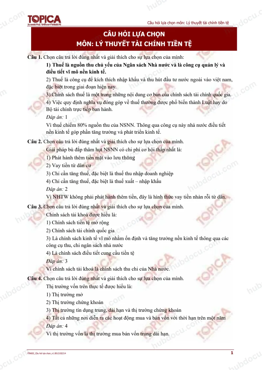 Trắc nghiệm Lý thuyết Tài chính tiền tệ - Topica (Có đáp án)