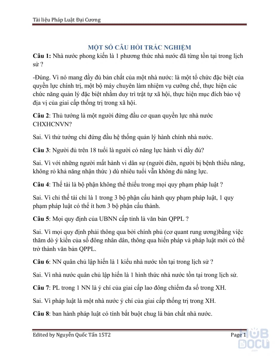 Một số dạng bài tập Pháp luật đại cương
