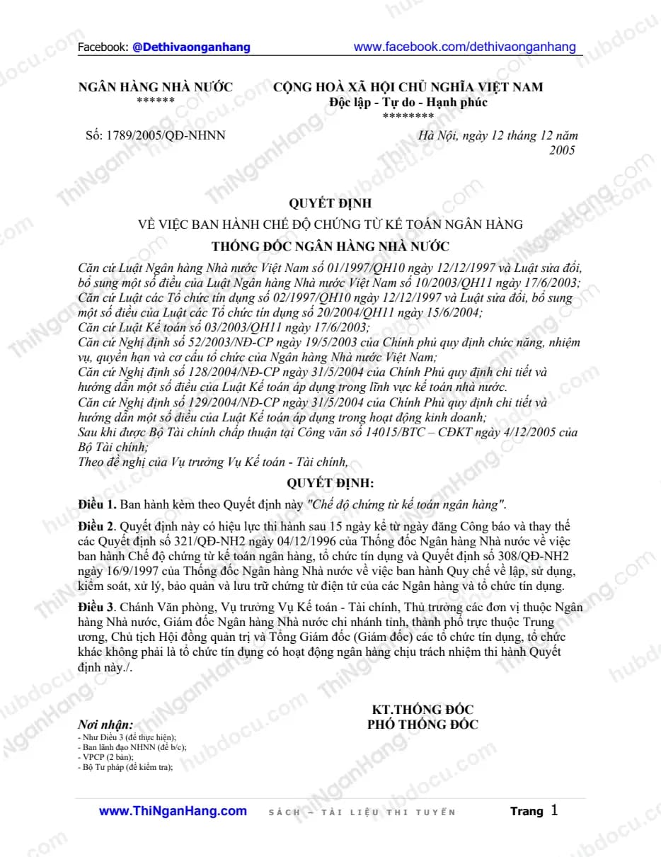 Quyết định 1789-2005-QĐ-NHNN - Chế độ chứng từ kế toán ngân hàng của TCTD