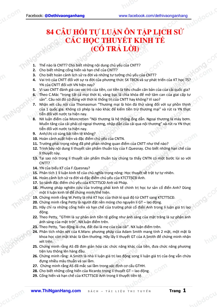 84 câu hỏi tự luận Lịch sử học thuyết kinh tế (có Trả lời)