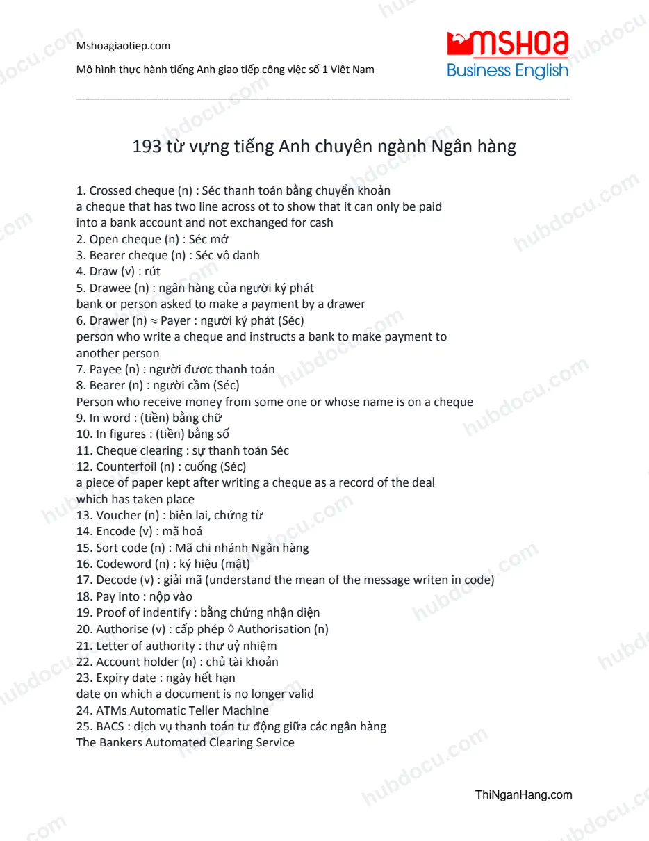 193 từ vựng tiếng Anh chuyên ngành Ngân hàng
