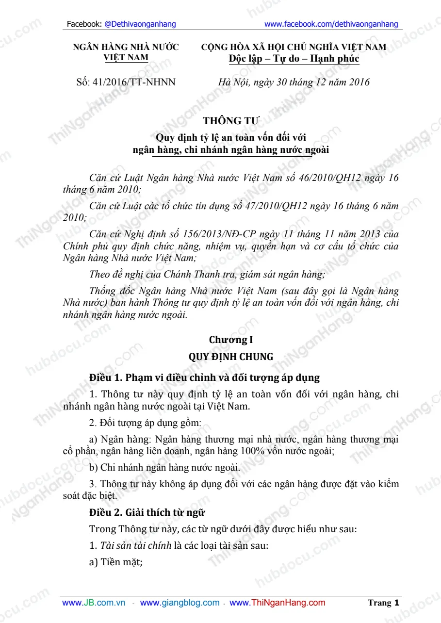 Thông tư 41-2016-TT-NHNN Quy định tỷ lệ an toàn (CAR) đối với ngân hàng thương mại