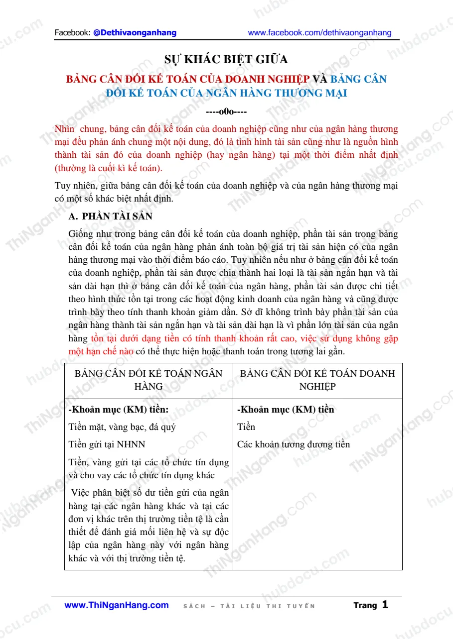 So sánh Bảng Cân đối kế toán (CĐKT) của doanh nghiệp và của ngân hàng