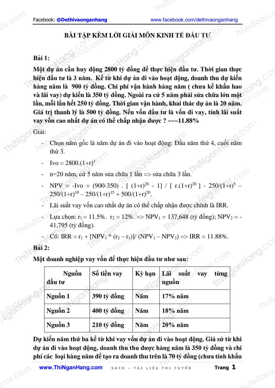 Bài tập kèm lời giải môn Kinh tế đầu tư