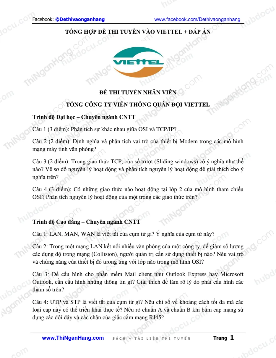 Tổng hợp đề thi viết vào Viettel (NV Kỹ thuật - NV Cơ điện)