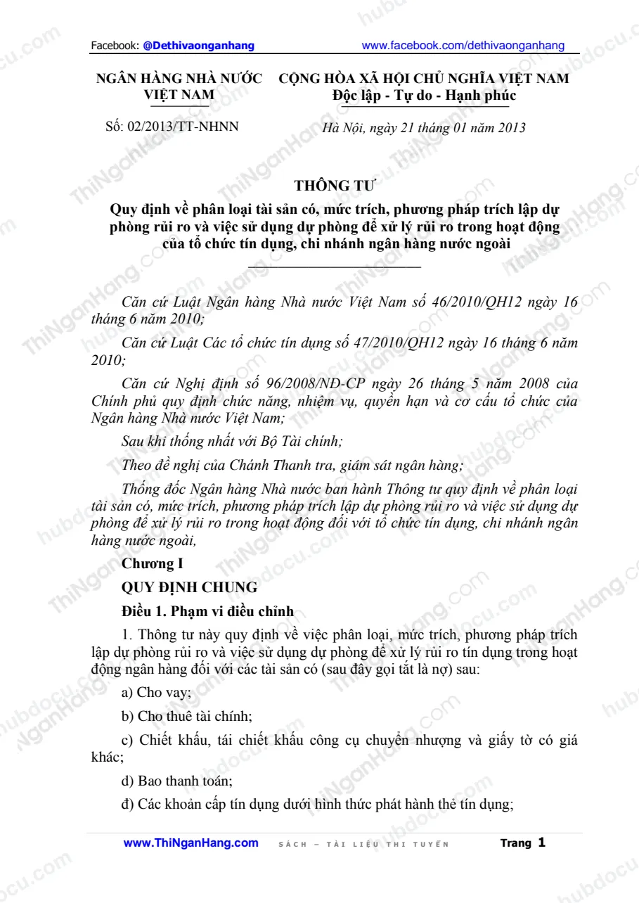Thông tư 02-2013-TT-NHNN ngày 21-1-2013 Phân loại TS có và trích lập dự phòng rủi ro (DPRR)