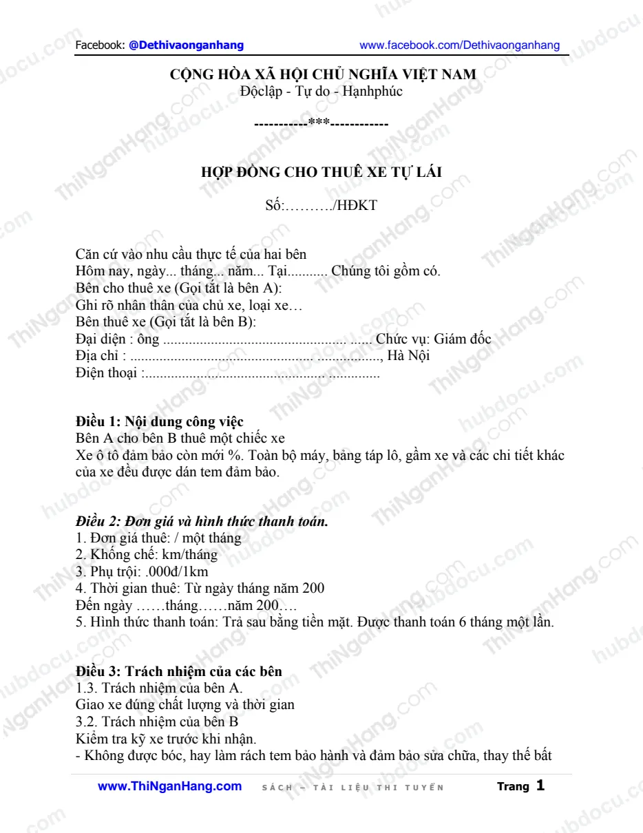 Mẫu Hợp đồng kinh tế Cho thuê xe tự lái