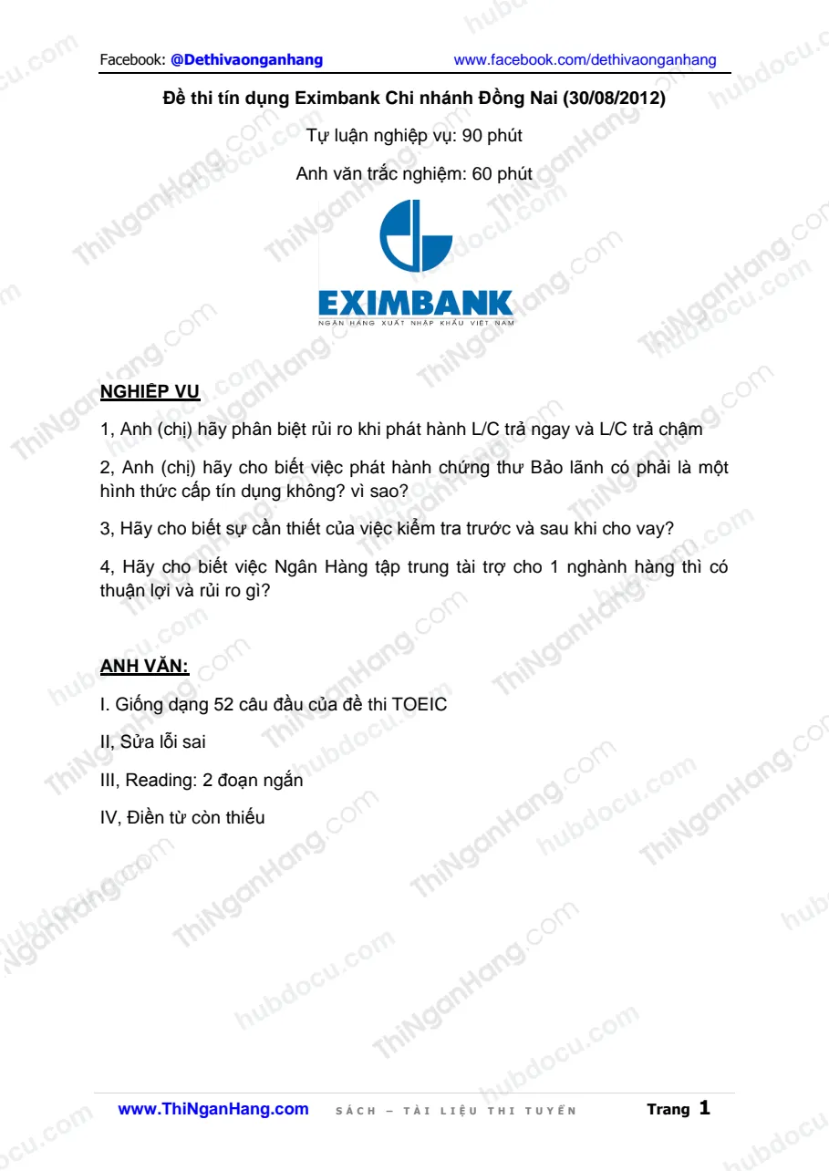Đề thi nhân viên Tín dụng Eximbank CN Đồng Nai (30-8-2012)
