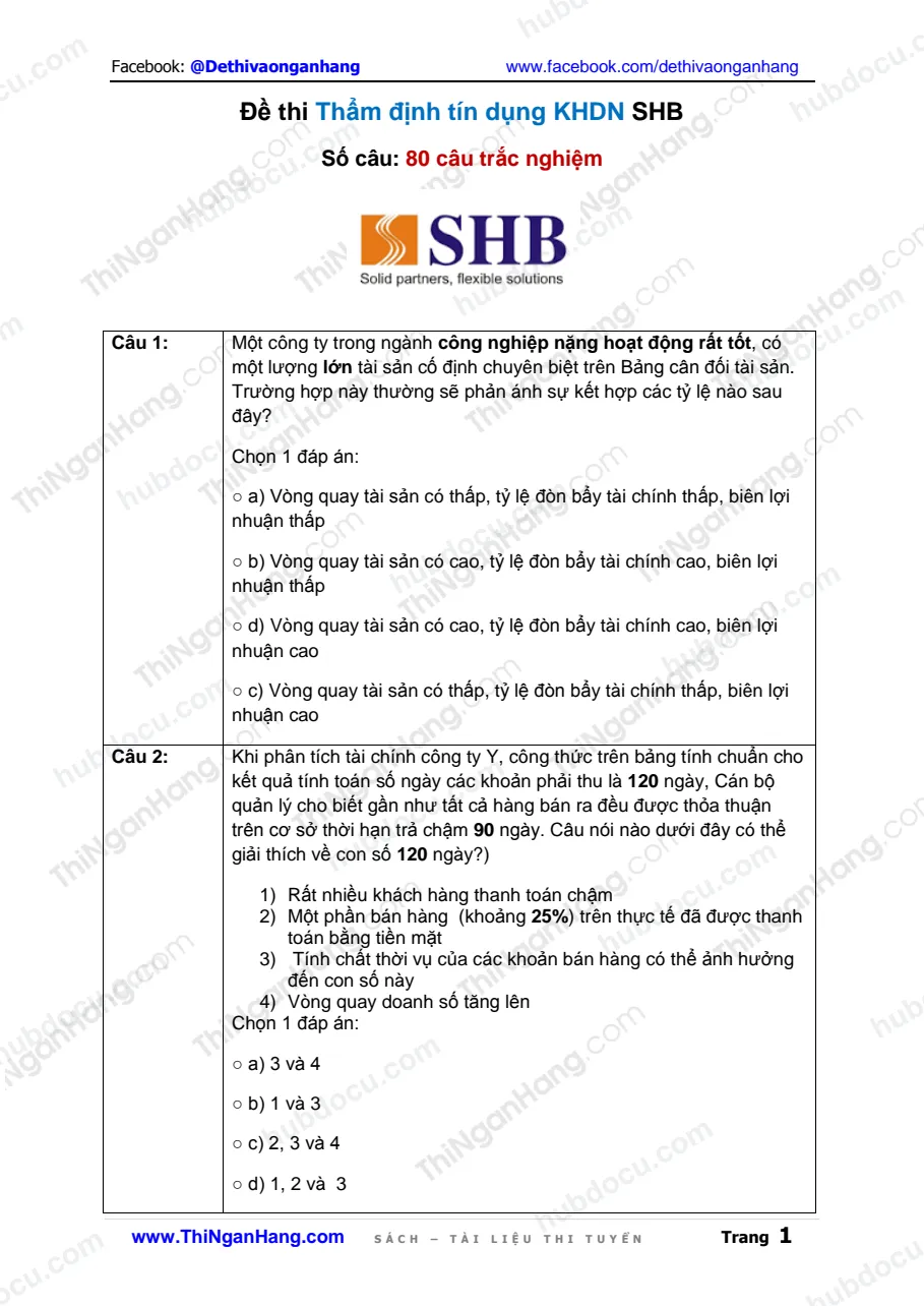 Đề thi Thẩm định tín dụng Khách Hàng Doanh Nghiệp SHB (80 câu)