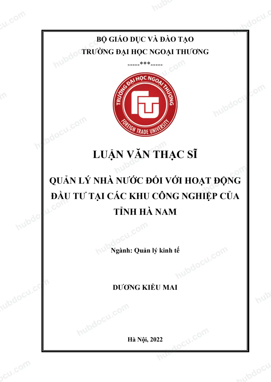 [Luận văn thạc sĩ[ Quản lý nhà nước đối với hoạt động đầu tư tại các khu công nghiệp của tỉnh Hà Nam