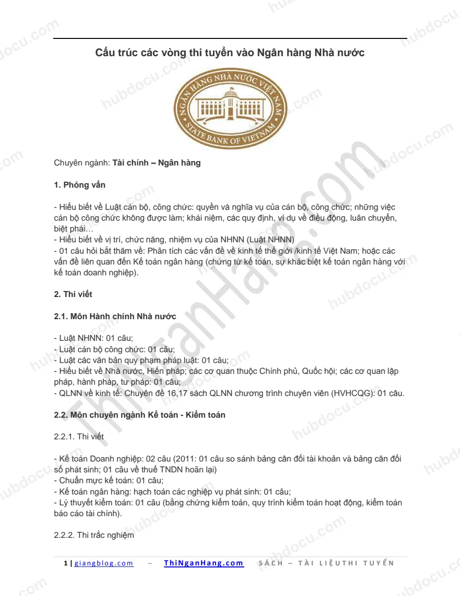 Cấu trúc các vòng thi tuyển vào Ngân hàng Nhà nước (NHNN)