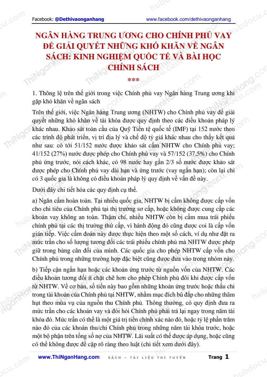 Ngân hàng Trung ương cho chính phủ vay để giải quyết những khó khăn về ngân sách - Kinh nghiệm quốc tế và bài học