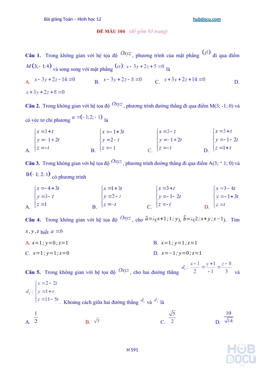 Bài giảng Hình học 12 - Phương pháp tọa độ trong không gian