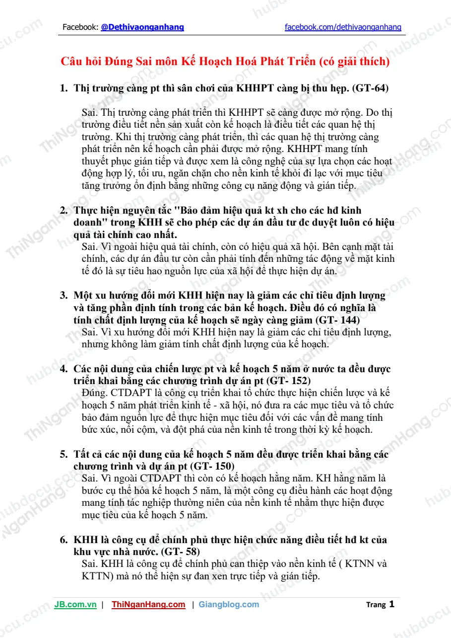 Câu hỏi Đúng Sai môn Kế Hoạch Hoá Phát Triển (có giải thích)