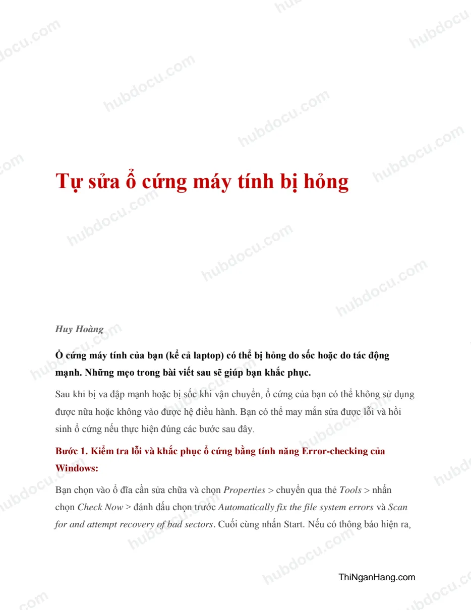 Tự sửa ổ cứng máy tính bị hỏng