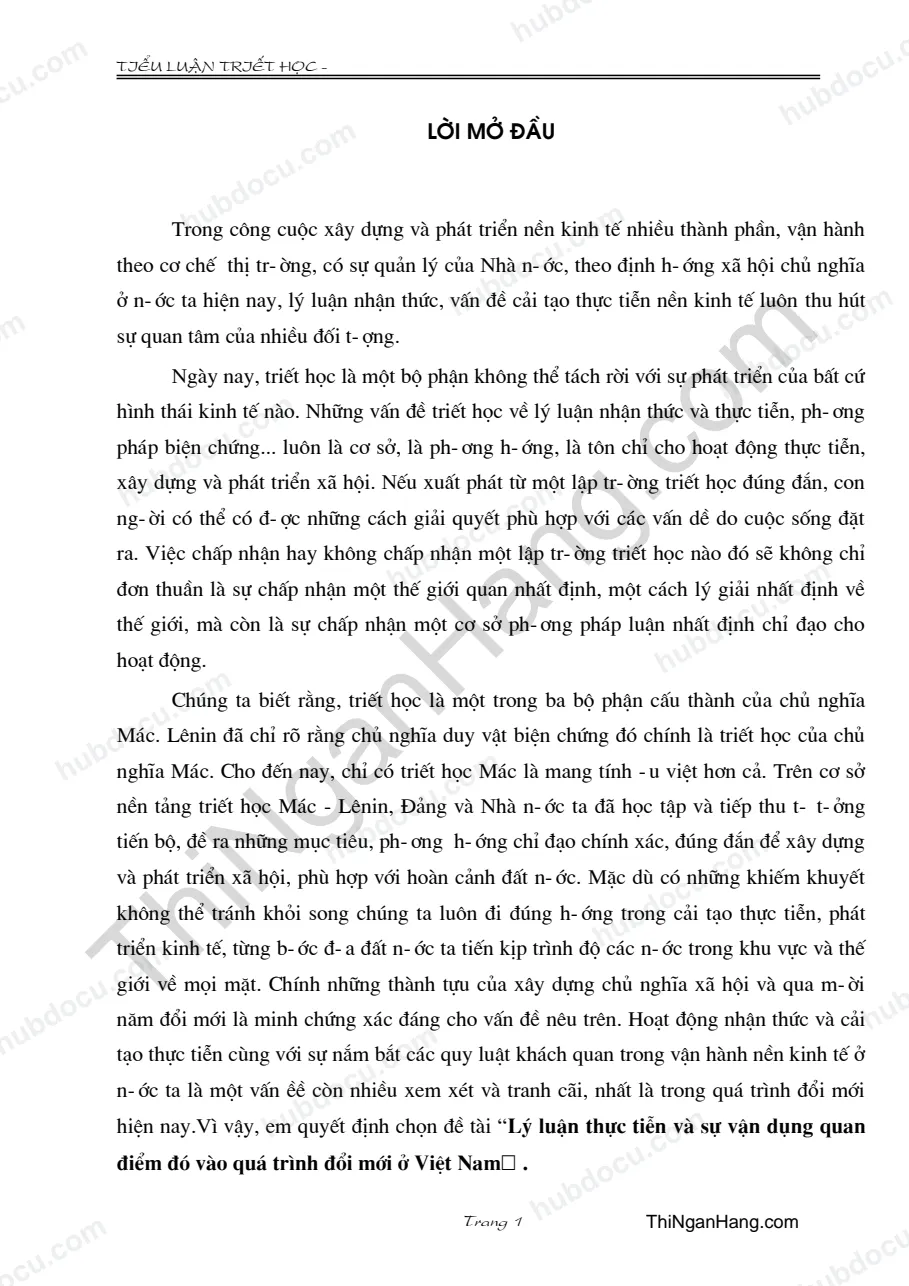 Tiểu luận - Lý luận thực tiễn và vận dụng quan điểm đó vào quá trình đổi mới ở Việt Nam