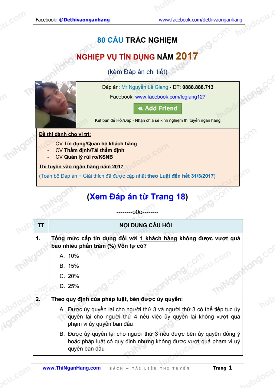 Đáp án 80 câu trắc nghiệm Tín dụng - Thi ngân hàng 2017
