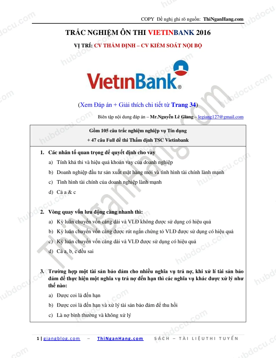 Trắc nghiệm ôn thi CV Thẩm định - KSNB Vietinbank 2016 (Có Đáp án + Giải thích)