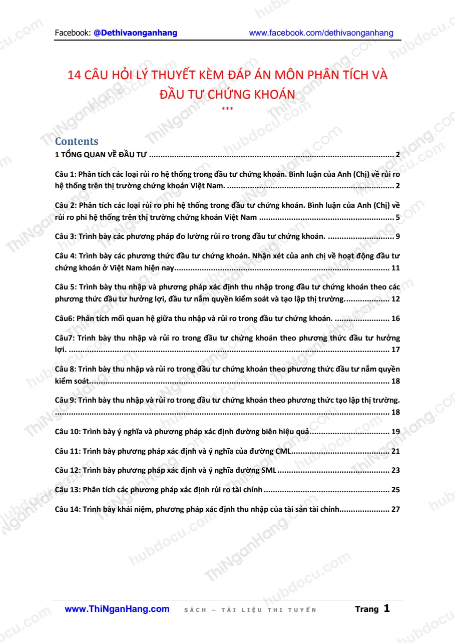 14 câu hỏi lý thuyết kèm đáp án môn Phân tích và Đầu tư chứng khoán
