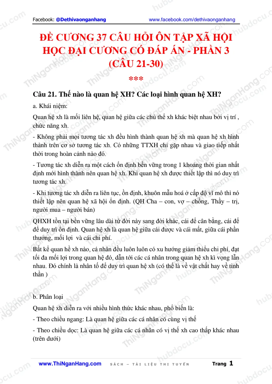 Đề cương 37 câu hỏi ôn tập Xã hội học đại cương có đáp án - Phần 3 (Câu 21-30)