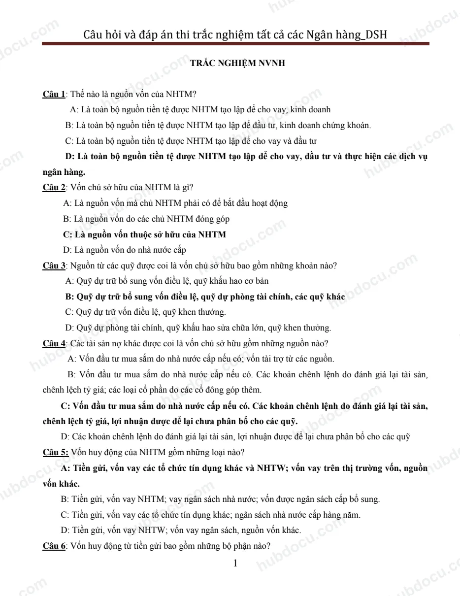 Bộ 320 câu hỏi thi trắc nghiệm vào ngân hàng (Có Đáp án)