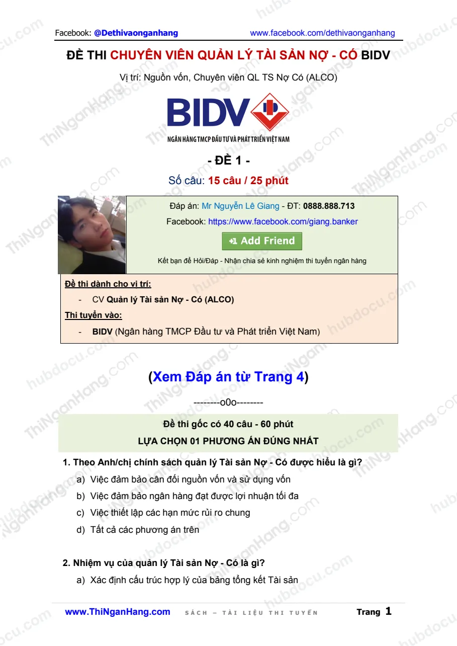 Giải Đề thi CV Quản lý Tài sản Nợ Có BIDV - Đề 1
