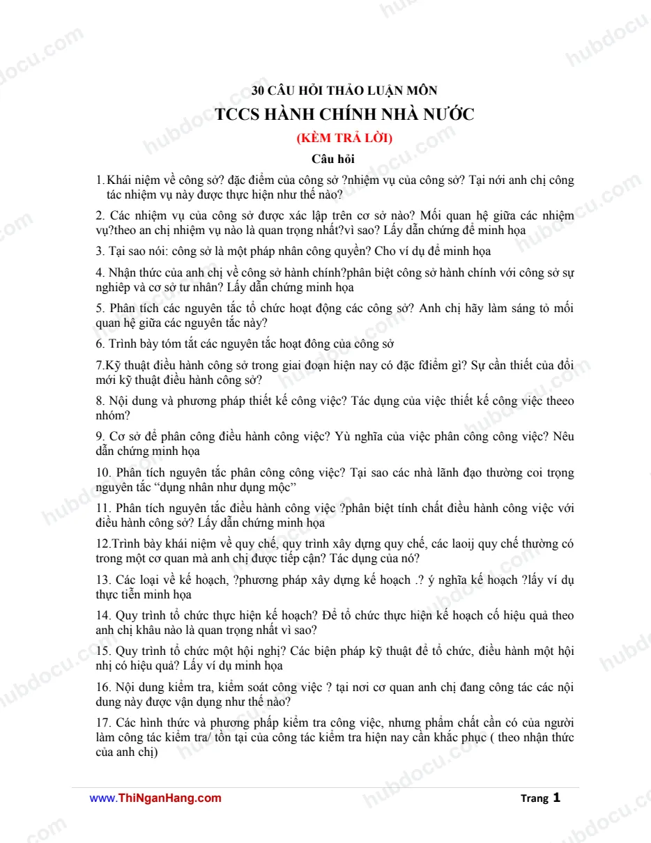 30 câu thảo luận môn Tổ chức Công sở Hành chính Nhà nước