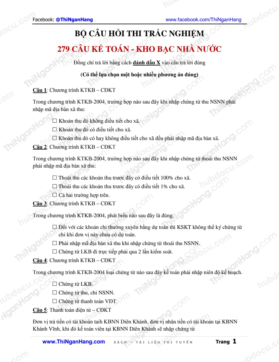 279 câu trắc nghiệm Kế toán - Ôn thi Kho bạc Nhà nước (Không có Đáp án)
