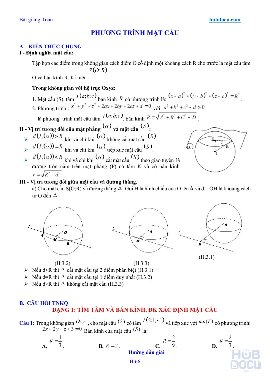 Bài giảng Hình học 12 - Phương trình mặt cầu (P3)
