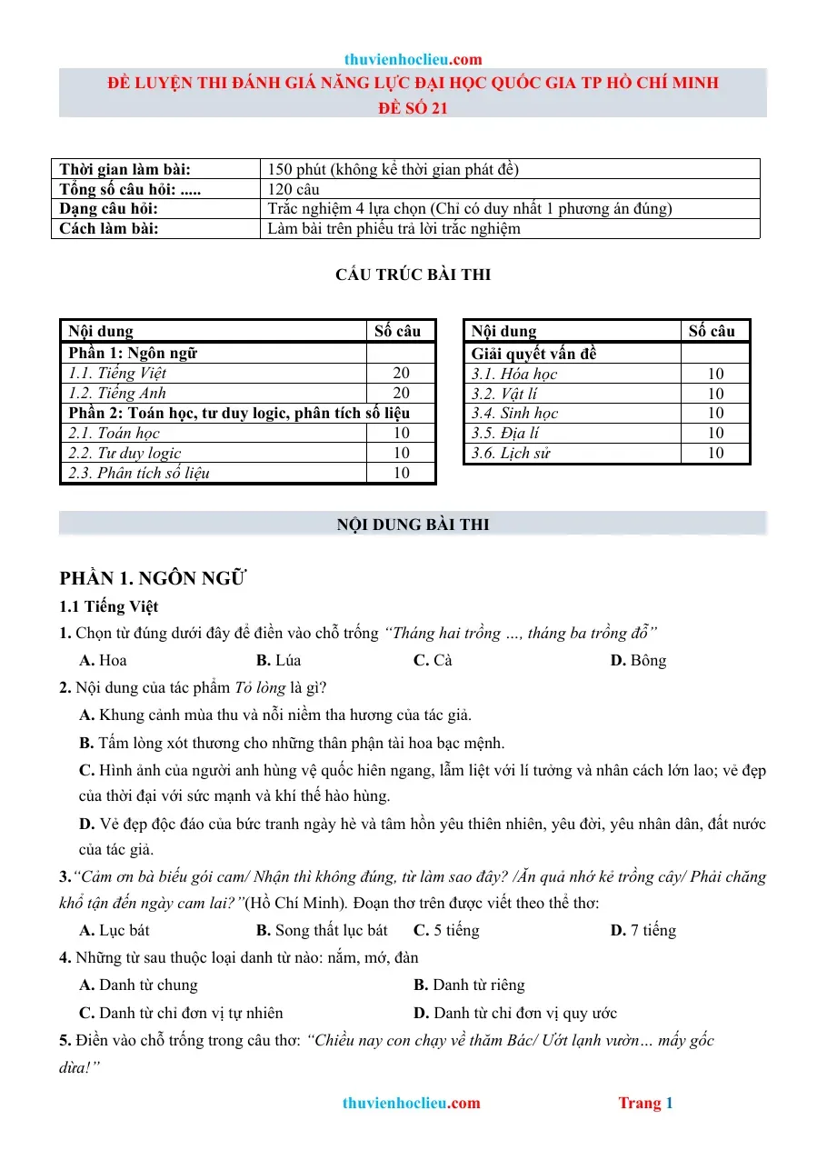 Đề Luyện Thi Đánh Giá Năng Lực Đại Học Quốc Gia TP Hồ Chí Minh Đề Số (Phần 1)