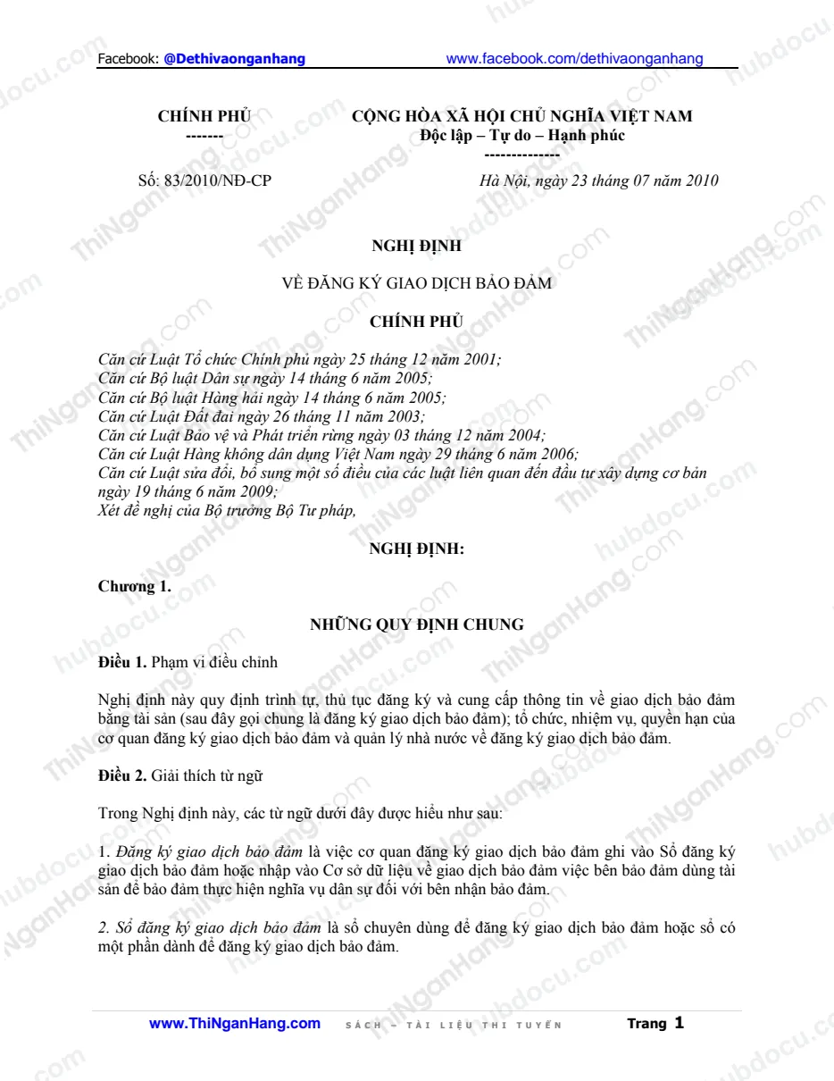 Nghị định 83_2010_ND-CP ngày 23-7-2010 về Đăng ký giao dịch bảo đảm