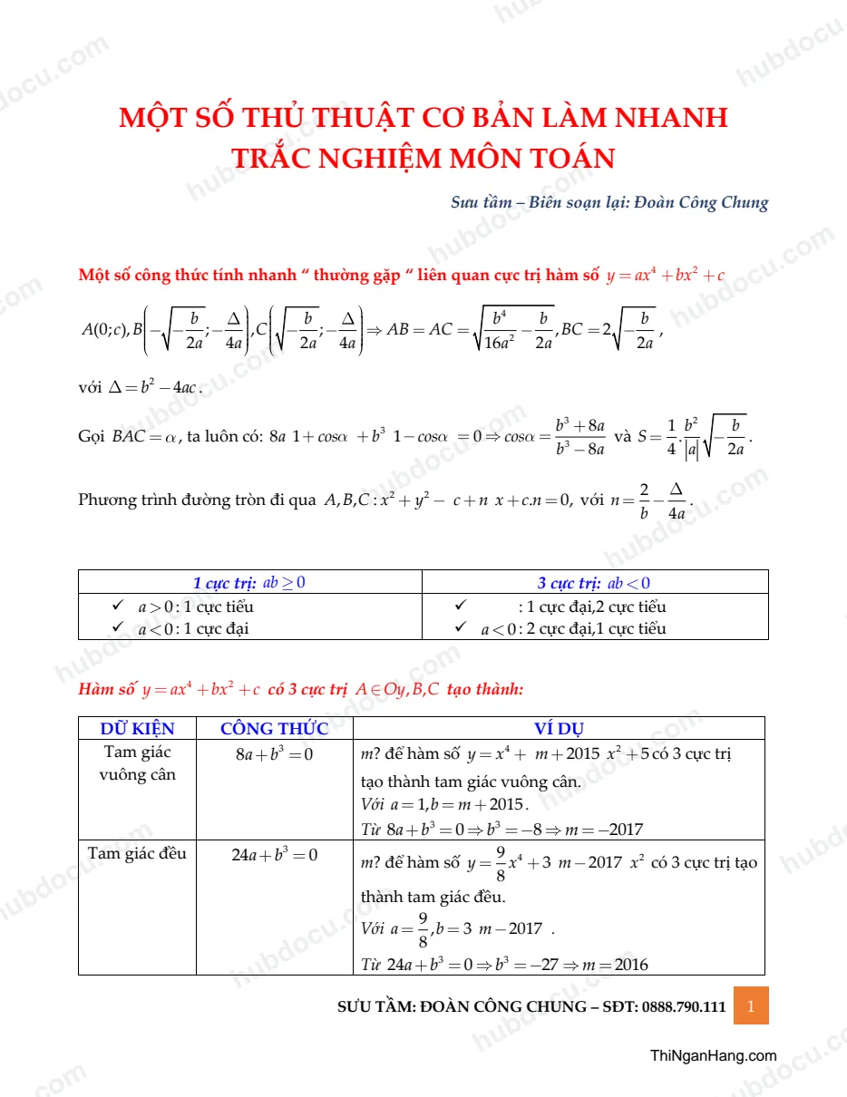 Công Thức giải nhanh Toán - Tài liệu ôn thi đại học