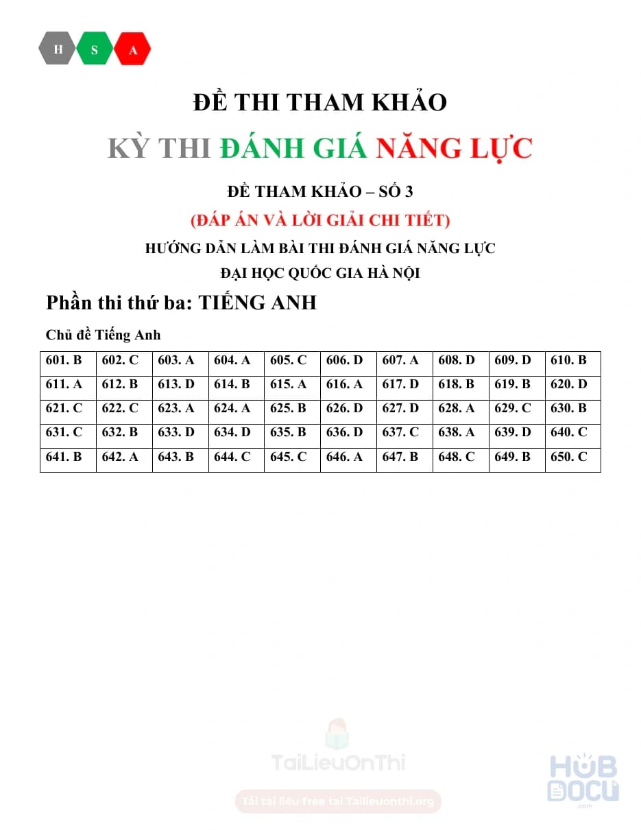 Đề 3: Tiếng Anh HSA