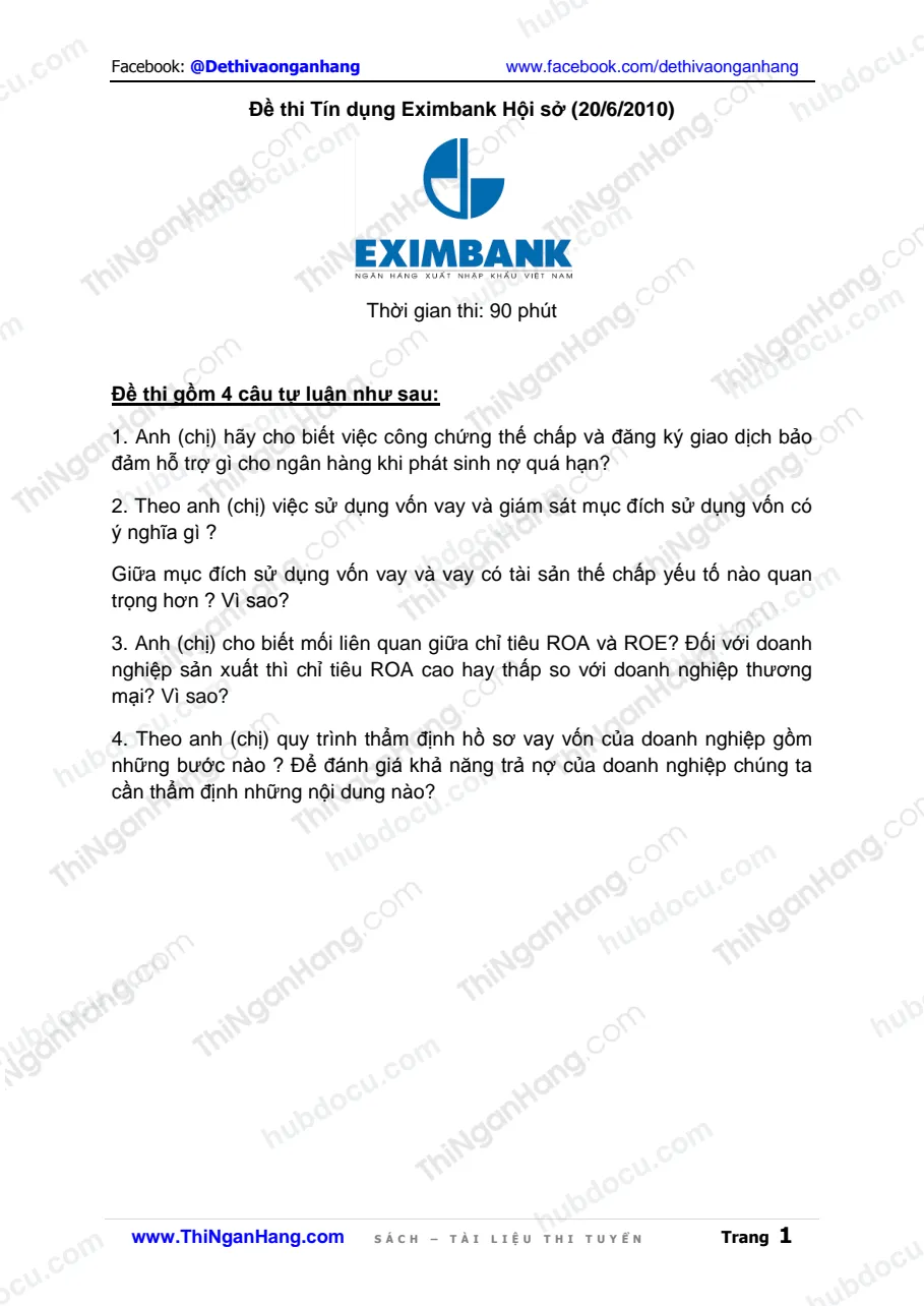 Đề thi Tín dụng Eximbank Hội sở chính (ngày 20-6-2010)