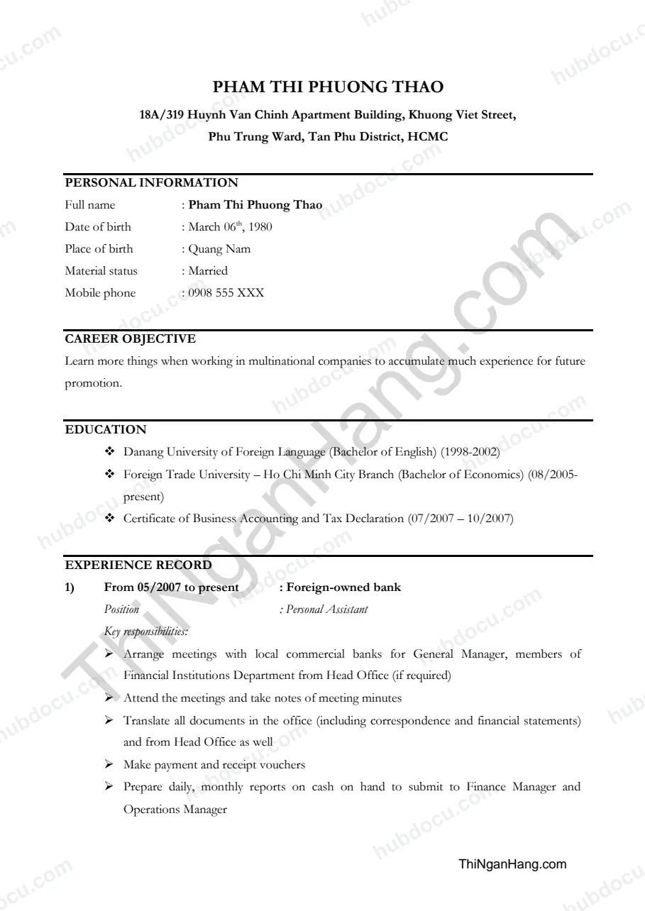 Mâu CV (Sơ yếu lí lịch) bằng tiếng Anh