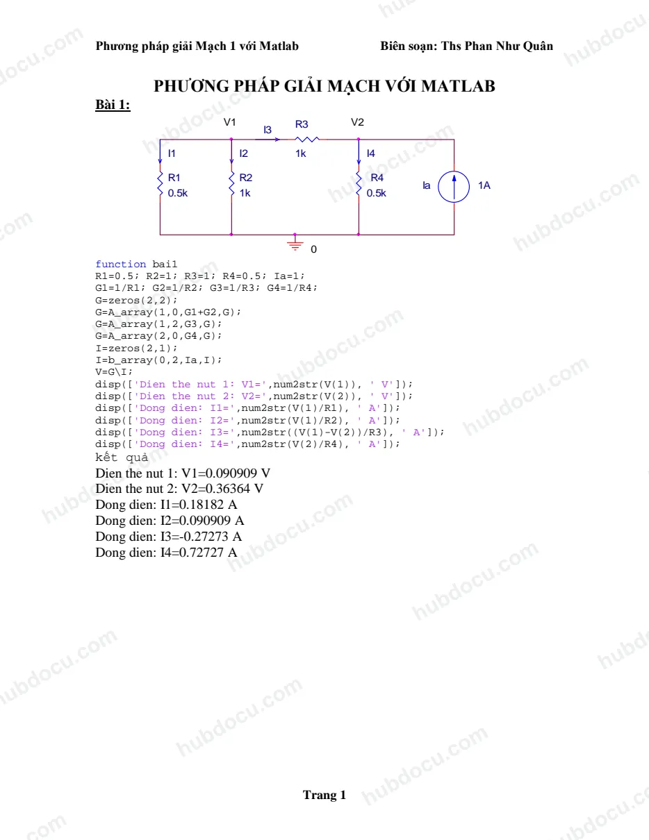 Phương pháp giải Mạch 1 với Matlab - Phan Như Quân