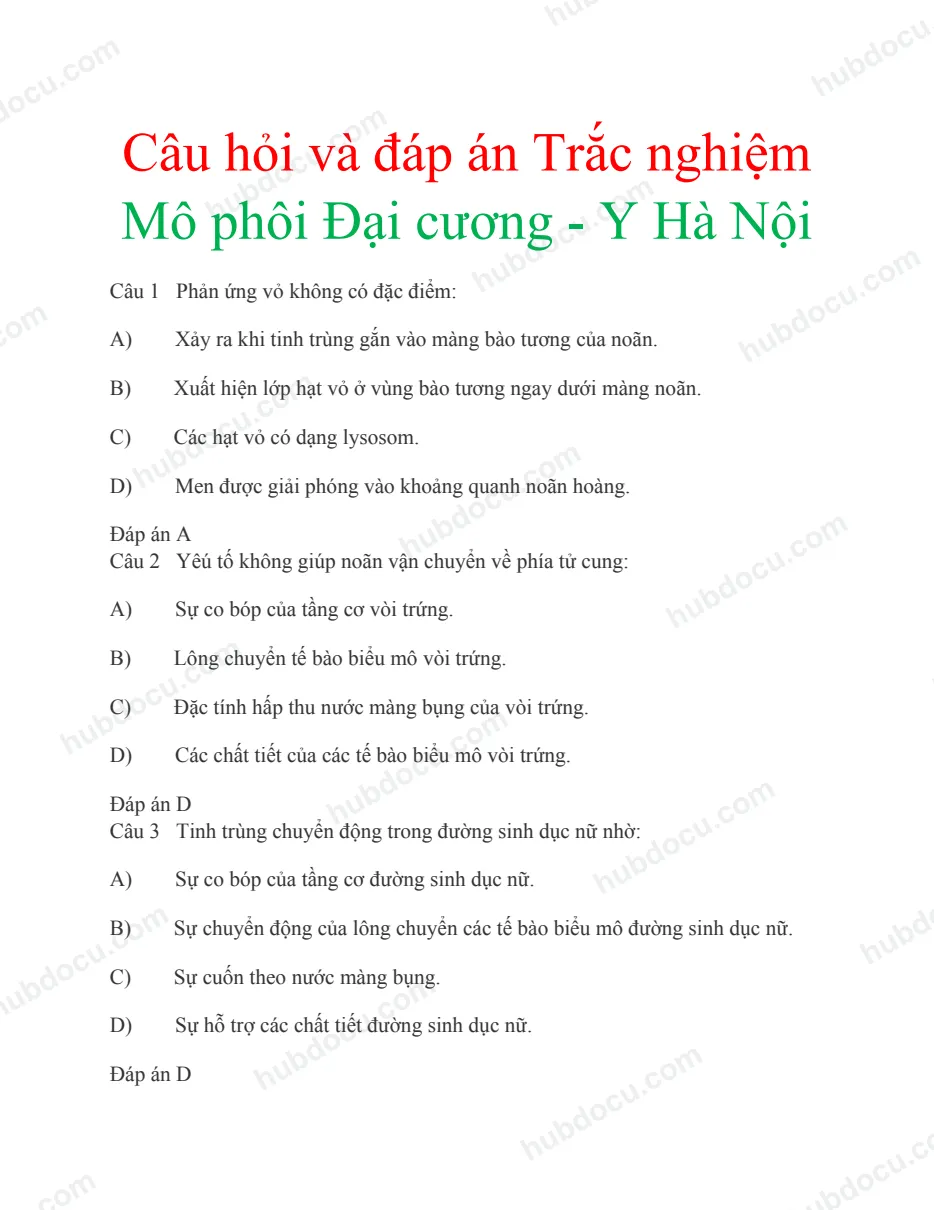 Trắc Nghiệm Mô Phôi Đại Cương (Có Đáp Án)