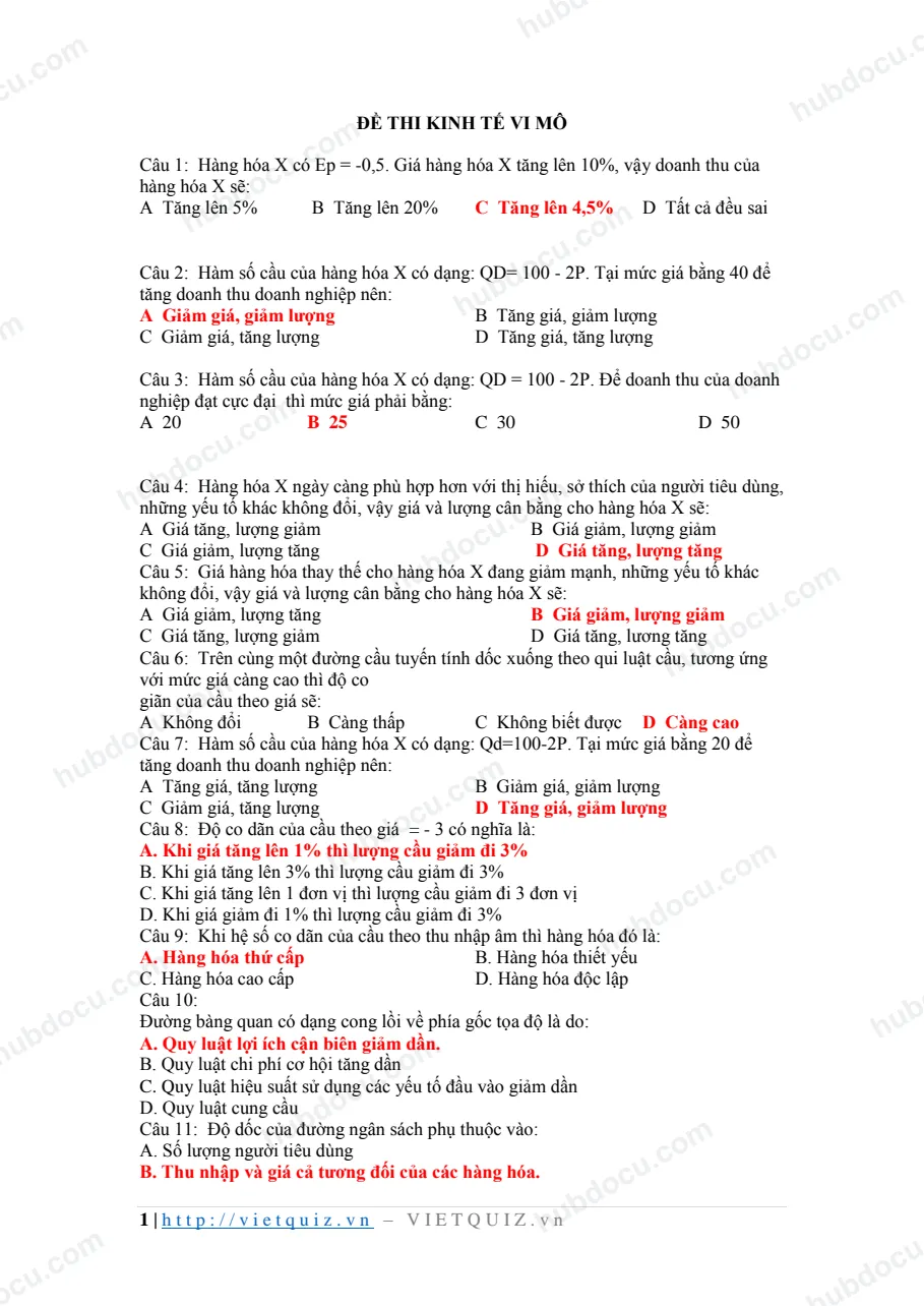 Trắc nghiệm Kinh tế vi mô (2 Đề)