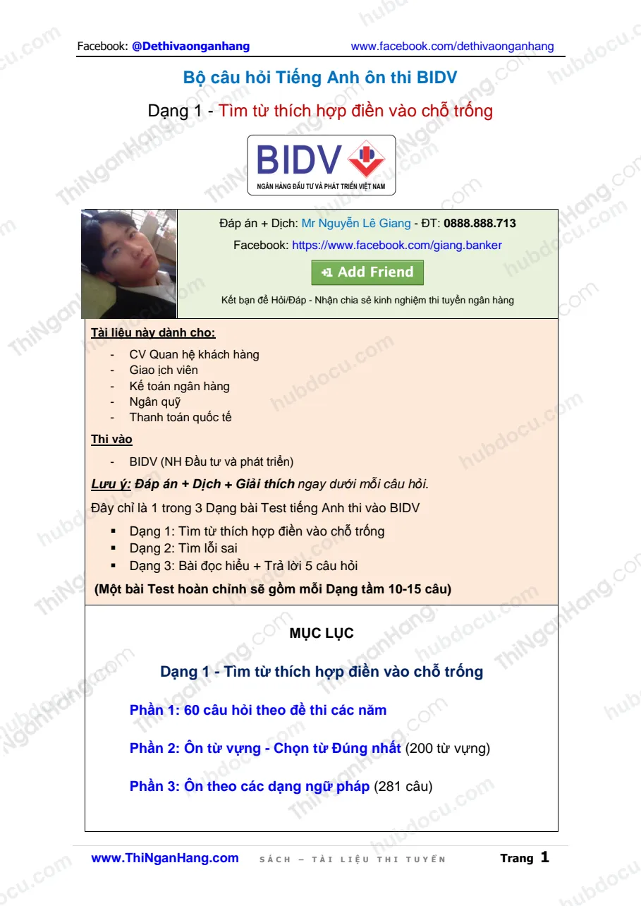 Bộ câu hỏi tiếng Anh ôn thi BIDV - Dạng 1. Tìm từ thích hợp
