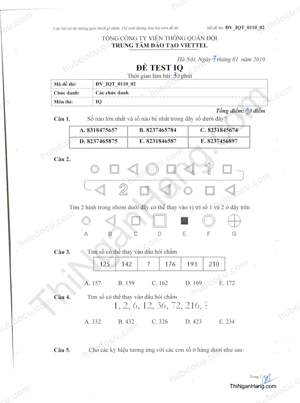 20 câu IQ thi Viettel - Đề 2 (Đáp án trang cuối)
