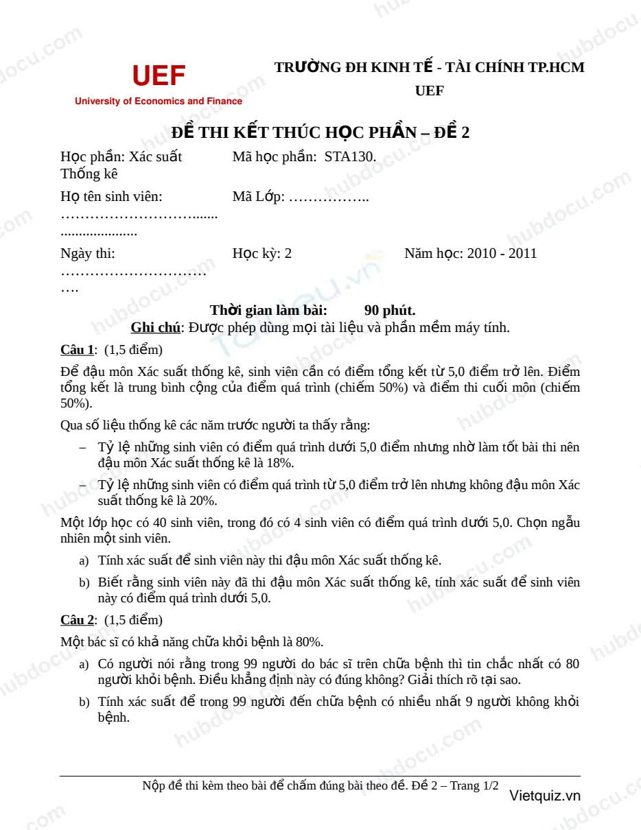 Đề thi môn Xác suất thống kê năm 2012 - ĐH KT TP.HCM