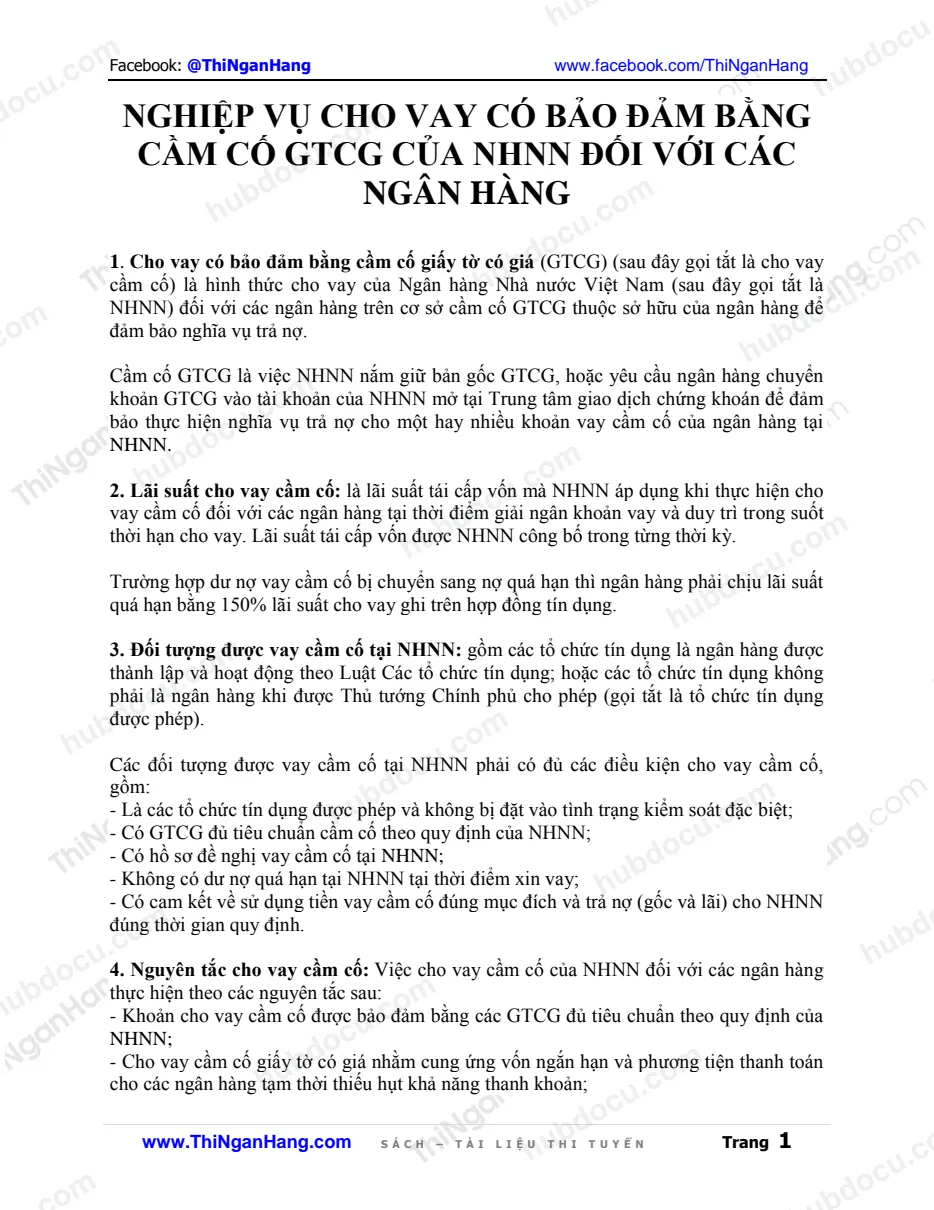 Nghiệp vụ cho vay có bảo đảm bằng giấy tờ có giá của NHNH đối với các ngân hàng