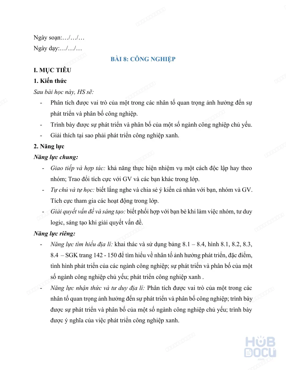 Giáo án Năng lực số (Địa lý 9) -Bài 8.Công nghiệp