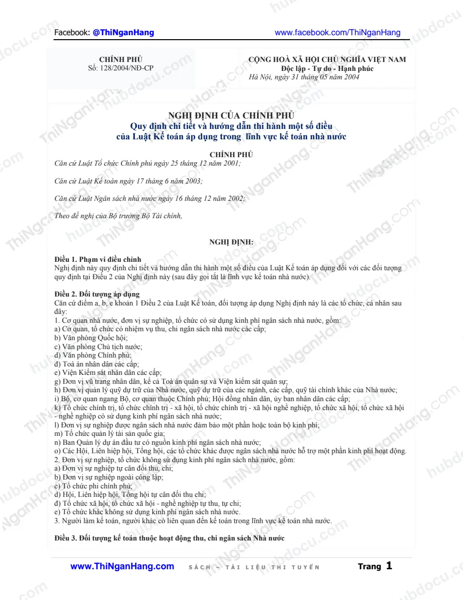 Ôn thi Kho bạc Nhà nước - (4a) Nghị định 128-2004 hướng dẫn thi hành Luật Kế toán