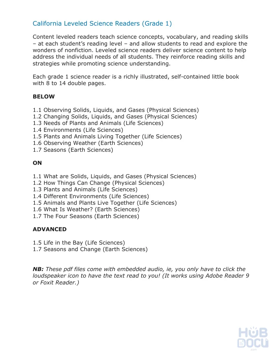 California Leveled Science Readers (Grade 1).doc