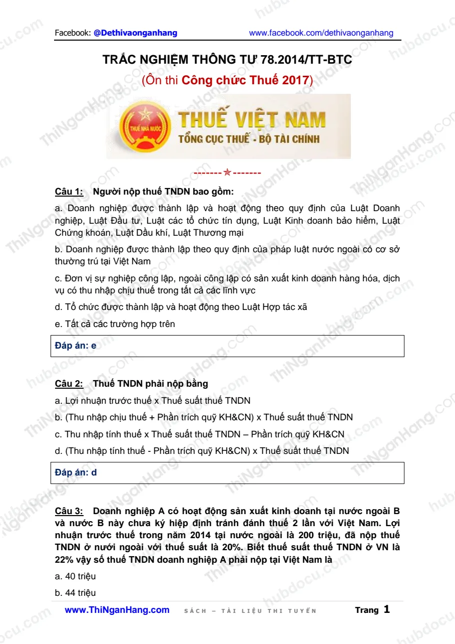 Trắc nghiệm Thông tư 78-2014-TT-BTC - Ôn thi Công chức Thuế