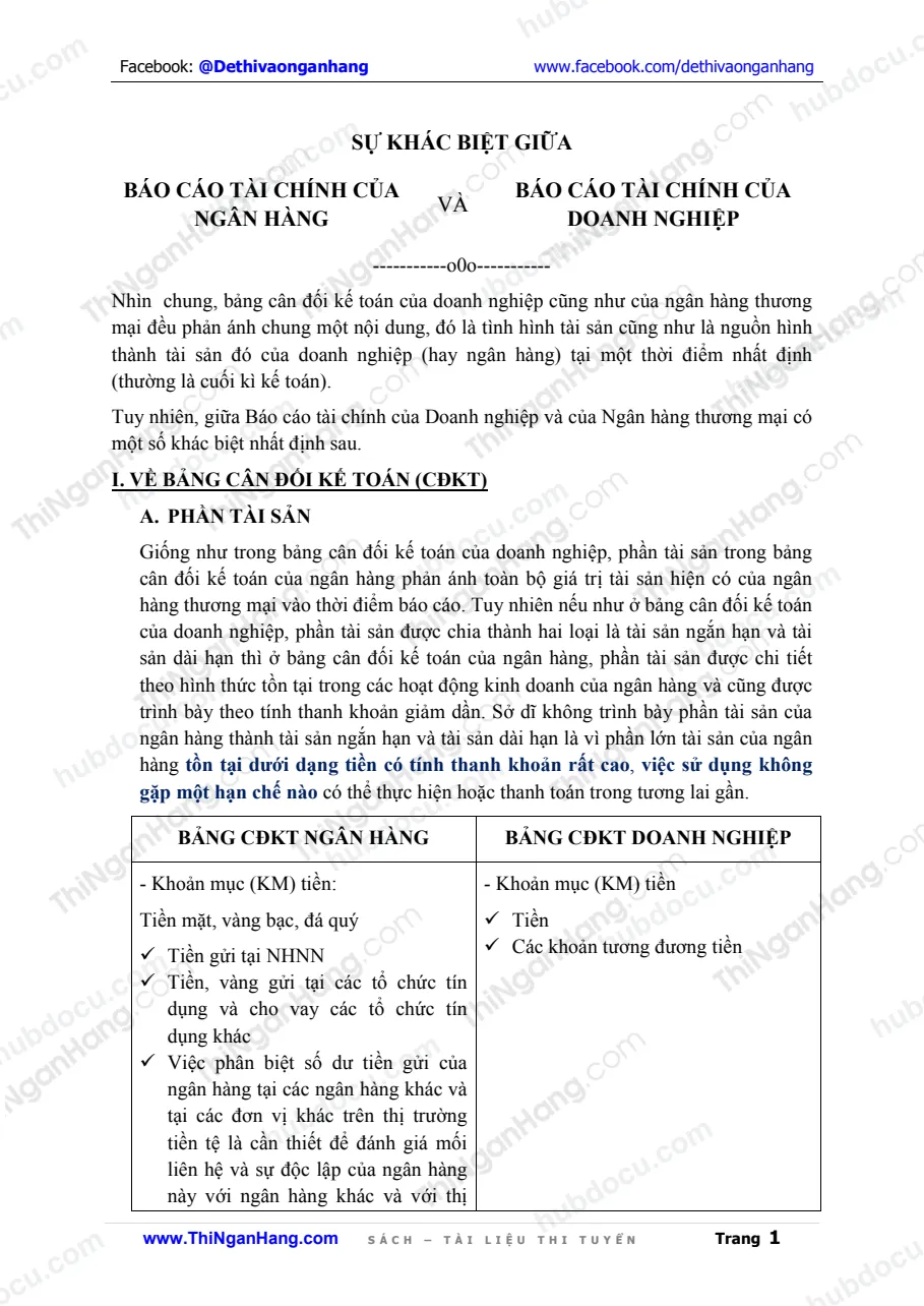 So sánh Báo cáo tài chính (BCTC) của Ngân hàng và Doanh nghiệp