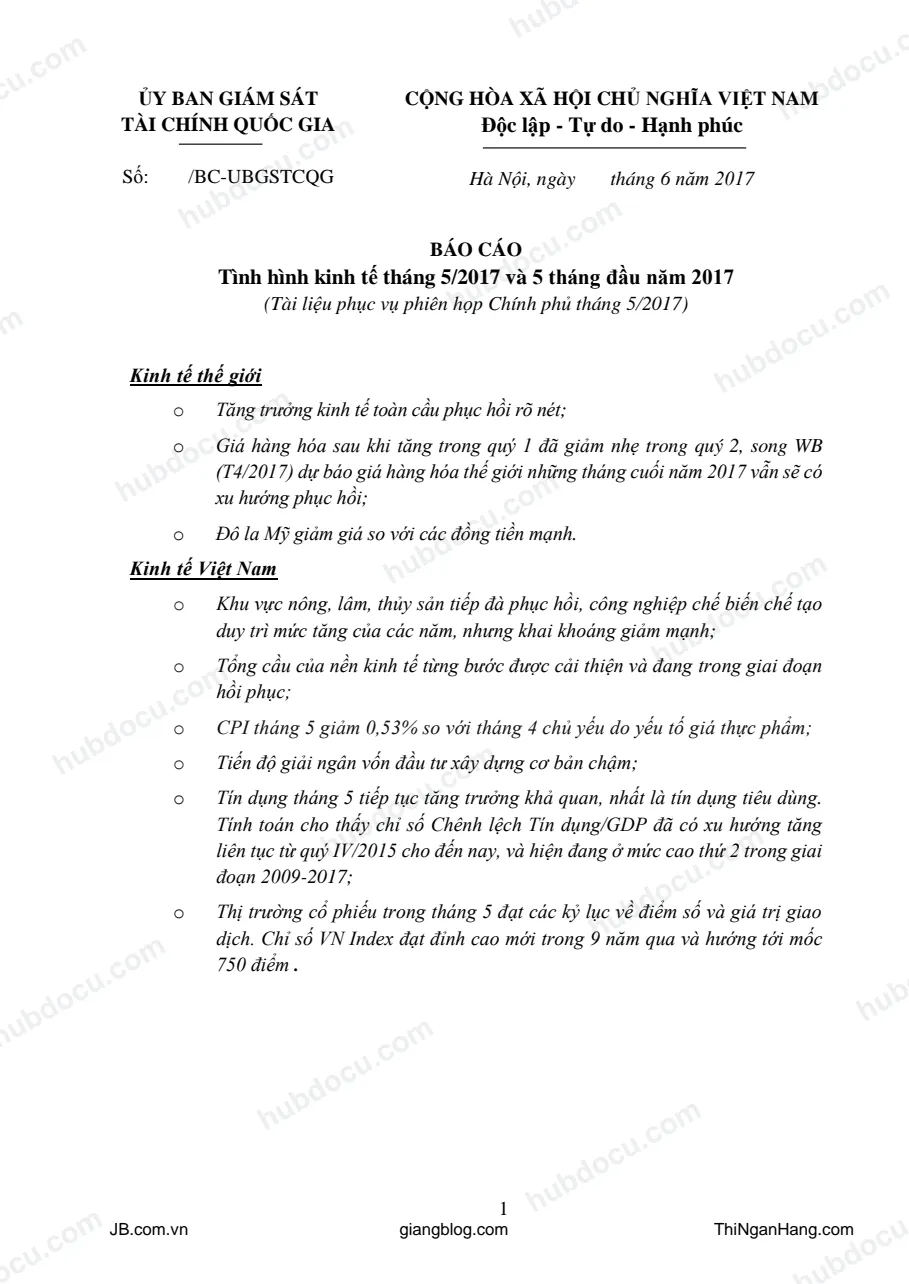 Báo cáo Kinh tế 5 tháng đầu 2017 - Uỷ ban Giám sát Tài chính Quốc gia