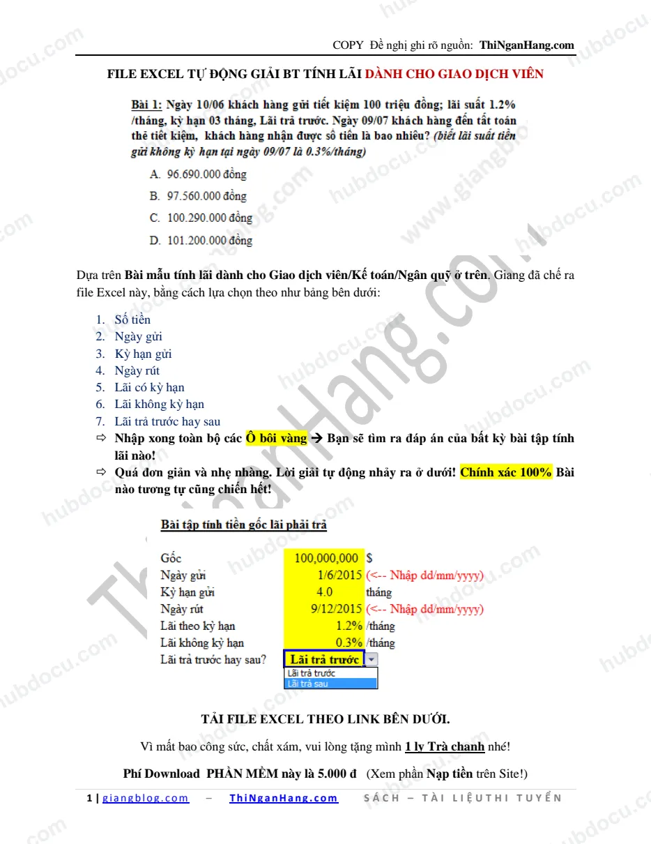 File Excel tự động giải BT tính lãi (dành cho Giao dịch viên)