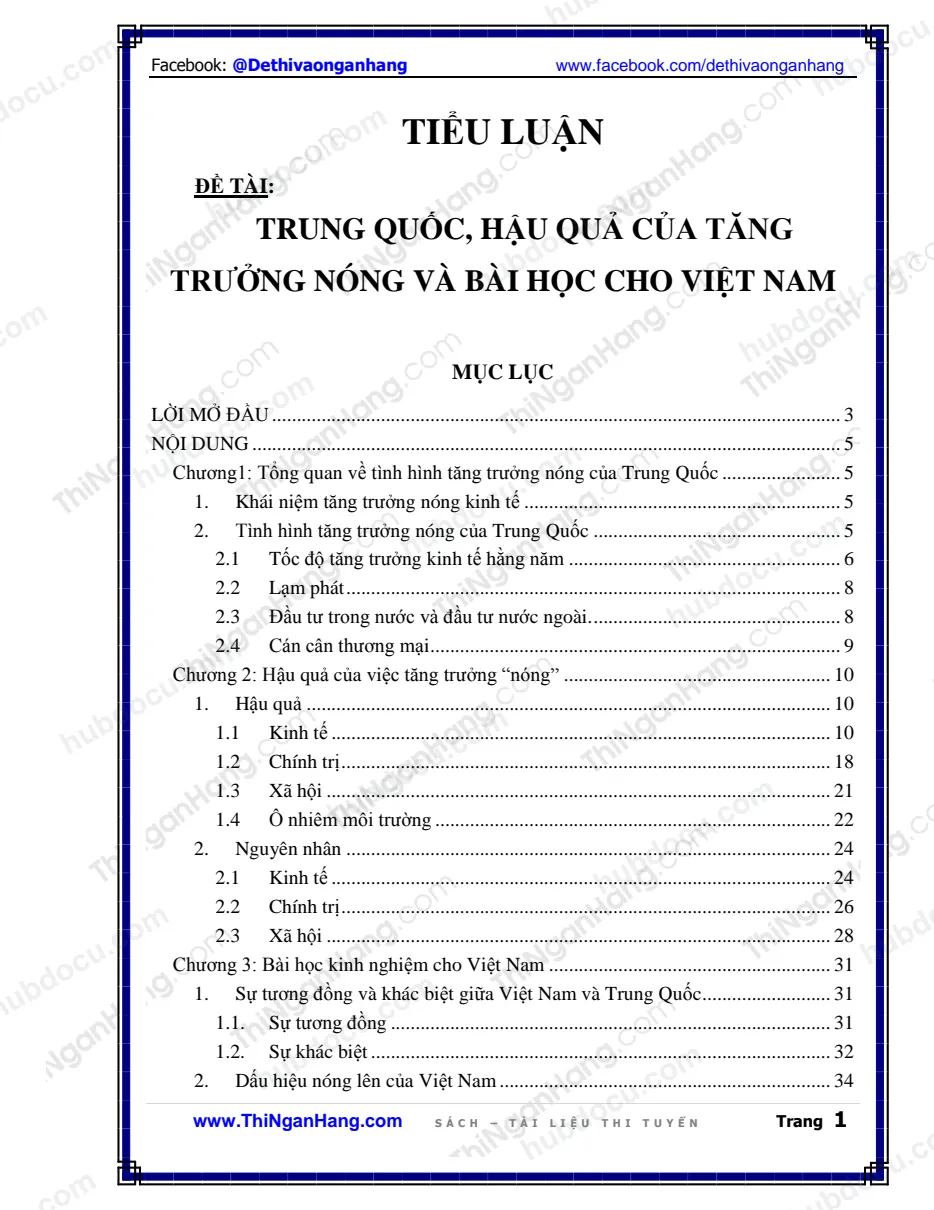 Tiểu luận - Trung quốc, hậu quả của tăng trưởng nóng và bài học cho Việt Nam